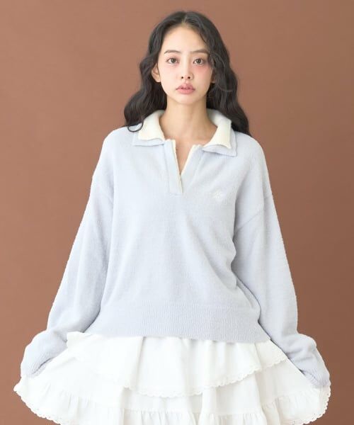 Mi-je / ミジェ ニット・セーター | ダブルカラーニットプルオーバー【韓国ファッション】（ライト ブルー）