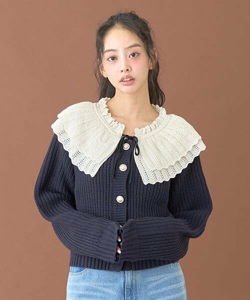 Mi-je / ミジェ カーディガン・ボレロ | フリルカラーパールボタンカーディガン【韓国ファッション】（紺）