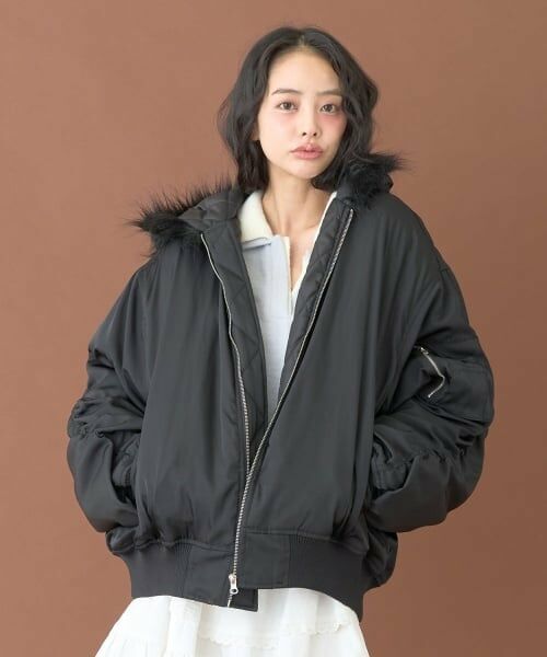 Mi-je / ミジェ ブルゾン | フードファーブルゾン【韓国ファッション】（黒）
