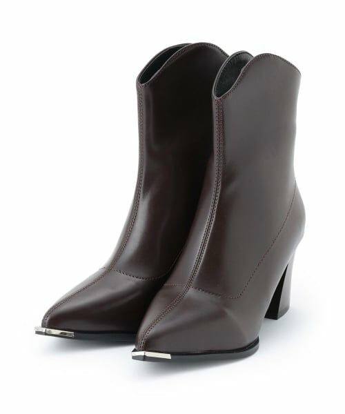 Mi-je / ミジェ ブーツ（ショート丈） | プレートポインテッドブーツ【韓国ファッション】（茶）