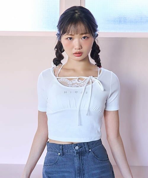 Mi-je / ミジェ Tシャツ | ラインストーンクロップド半袖Tシャツ（オフ ホワイト）