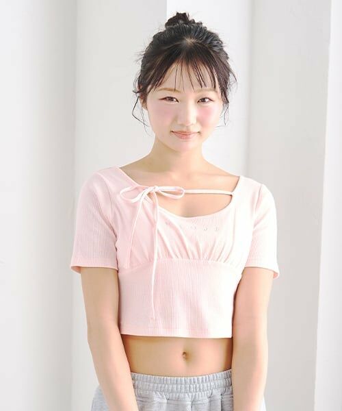 Mi-je / ミジェ Tシャツ | ラインストーンクロップド半袖Tシャツ（ピンク）