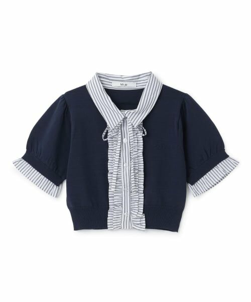 Mi-je / ミジェ ニット・セーター | フリルレイヤード半袖ニットプルオーバー（紺）