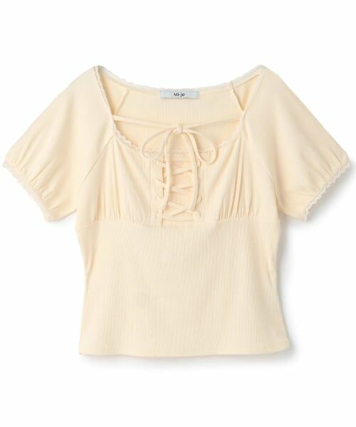 Mi-je / ミジェ Tシャツ | レースアップテレコ半袖Tシャツ（アイボリー）