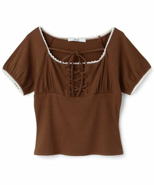 Mi-je / ミジェ Tシャツ | レースアップテレコ半袖Tシャツ（茶）
