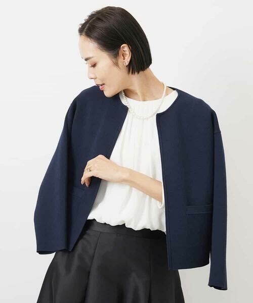 MICHEL KLEIN/ミッシェルクラン ノーカラーニットジャケット ネイビー M MICHEL KLEIN/ミッシェルクラン ノーカラーニットジャケット ネイビー M