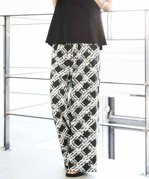 MICHEL KLEIN/ミッシェルクラン [オリジナルプリント]ドローイングチェックワイドパンツ ブラック M