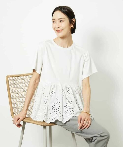 MICHEL KLEIN/ミッシェルクラン ボーラーレース切替ペプラムカットソー ホワイト L