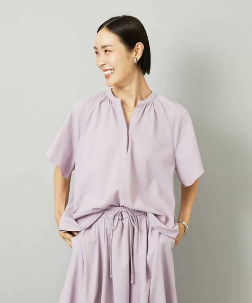 MICHEL KLEIN/ミッシェルクラン [セットアップ対応]ギャザーブラウス サッカー無地 ラベンダー M
