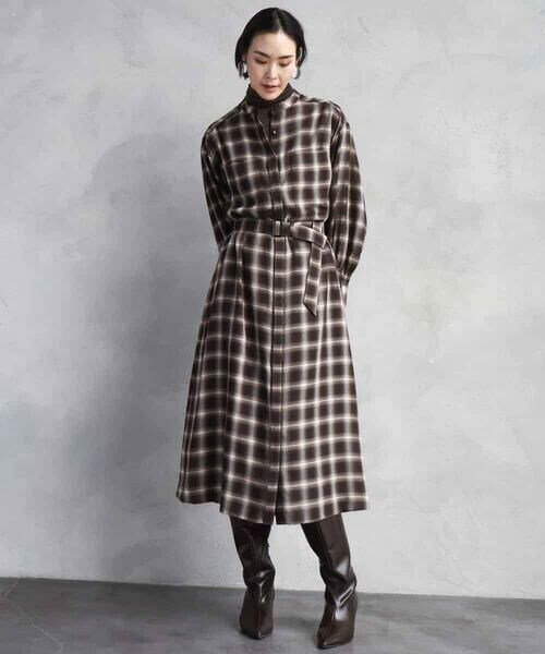 MICHEL KLEIN / ミッシェルクラン ロング・マキシ丈ワンピース | バンドカラーチェックシャツワンピース | 詳細1