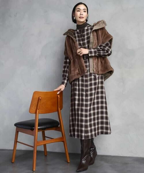 MICHEL KLEIN / ミッシェルクラン ロング・マキシ丈ワンピース | バンドカラーチェックシャツワンピース | 詳細7