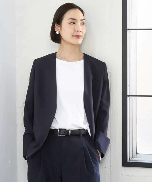 MICHEL KLEIN / ミッシェルクラン ノーカラージャケット | [セットアップ対応]ツイードライク ノーカラージャケット（ネイビー）