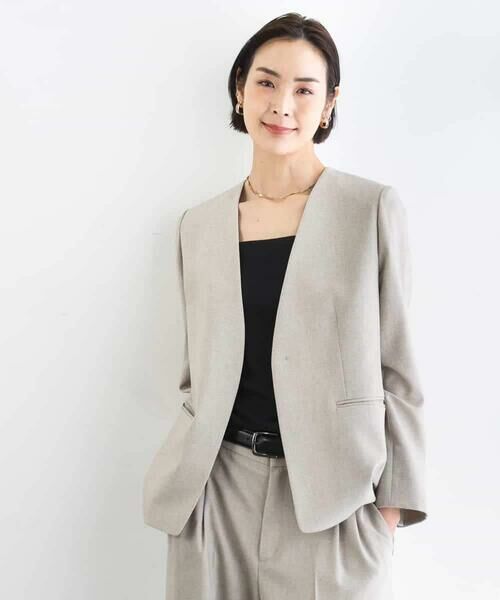 MICHEL KLEIN / ミッシェルクラン ノーカラージャケット | [セットアップ対応]ツイードライク ノーカラージャケット（ベージュ）