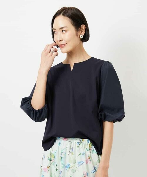 MICHEL KLEIN / ミッシェルクラン カットソー | 異素材スリーブカットソー（ネイビー）