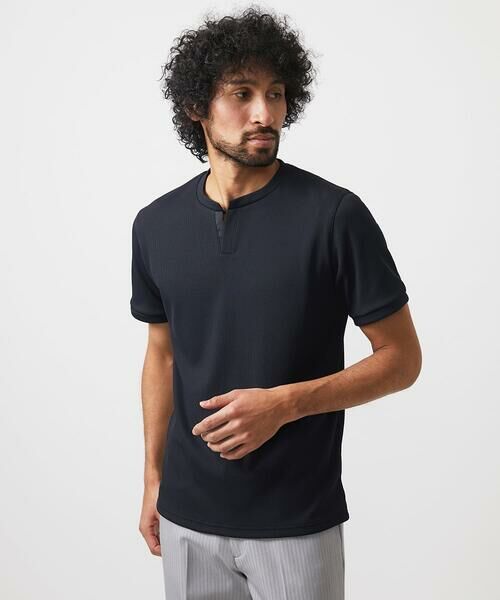 MICHEL KLEIN HOMME/ミッシェルクランオム キーネック半袖カットソー ブラック 46 MICHEL KLEIN HOMME/ミッシェルクランオム キーネック半袖カットソー ブラック 46