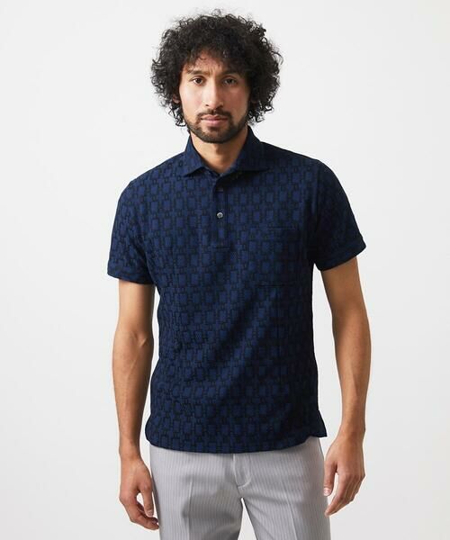 MICHEL KLEIN HOMME/ミッシェルクランオム 総柄半袖ポロシャツ ネイビー 44 MICHEL KLEIN HOMME/ミッシェルクランオム 総柄半袖ポロシャツ ネイビー 44
