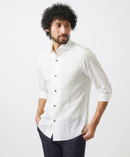 MICHEL KLEIN HOMME/ミッシェルクランオム リップルストライプ七分袖シャツ ホワイト 51 MICHEL KLEIN HOMME/ミッシェルクランオム リップルストライプ七分袖シャツ ホワイト 51