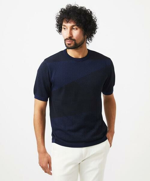 MICHEL KLEIN HOMME / ミッシェルクランオム ニット・セーター | ダイアゴナル柄クルーネック半袖ニット | 詳細1