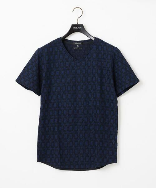 MICHEL KLEIN HOMME/ミッシェルクランオム 総柄Vネック半袖カットソー ネイビー 44 MICHEL KLEIN HOMME/ミッシェルクランオム 総柄Vネック半袖カットソー ネイビー 44