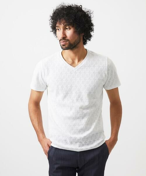 MICHEL KLEIN HOMME/ミッシェルクランオム 総柄Vネック半袖カットソー ホワイト 48 MICHEL KLEIN HOMME/ミッシェルクランオム 総柄Vネック半袖カットソー ホワイト 48