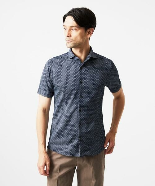 MICHEL KLEIN HOMME/ミッシェルクランオム 《日本製》ジャガード半袖シャツ ネイビー 48 MICHEL KLEIN HOMME/ミッシェルクランオム 《日本製》ジャガード半袖シャツ ネイビー 48