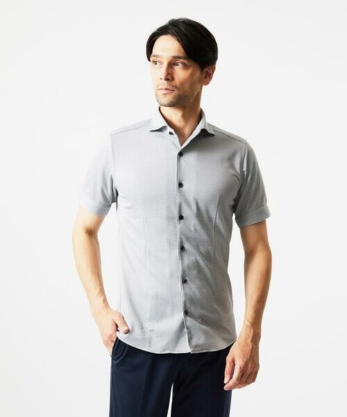 MICHEL KLEIN HOMME / ミッシェルクランオム シャツ・ブラウス | 《日本製》ジャガード半袖シャツ(ライトグレー)