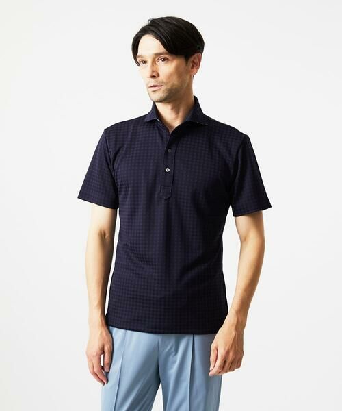 MICHEL KLEIN HOMME / ミッシェルクランオム カットソー | 千鳥柄ジャガード半袖ポロシャツ(ネイビー)