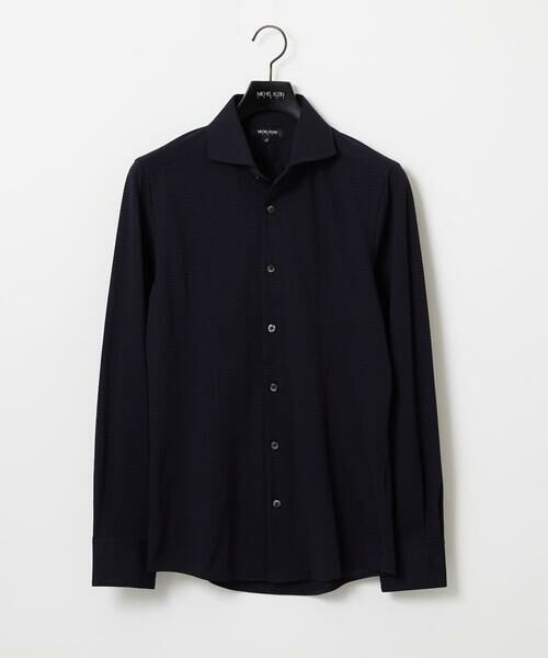 MICHEL KLEIN HOMME/ミッシェルクランオム 千鳥柄サッカー長袖シャツ ネイビー 44 MICHEL KLEIN HOMME/ミッシェルクランオム 千鳥柄サッカー長袖シャツ ネイビー 44