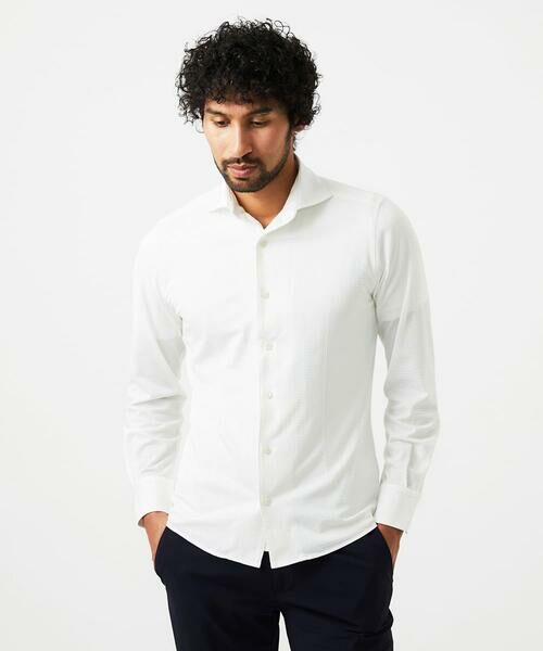 MICHEL KLEIN HOMME/ミッシェルクランオム 千鳥柄サッカー長袖シャツ ホワイト 44