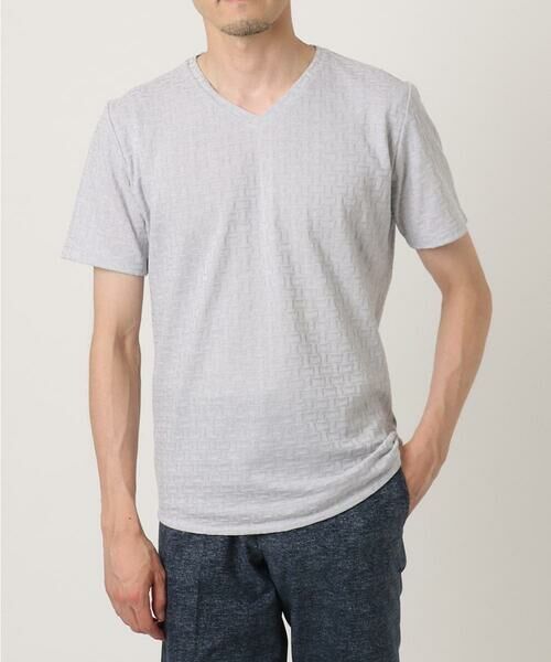 MICHEL KLEIN HOMME / ミッシェルクランオム カットソー | 《日本製》レンガ柄Vネック半袖カットソー(ライトグレー)