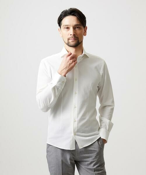 MICHEL KLEIN HOMME / ミッシェルクランオム シャツ・ブラウス | ストレッチサッカー長袖シャツ（ホワイト）