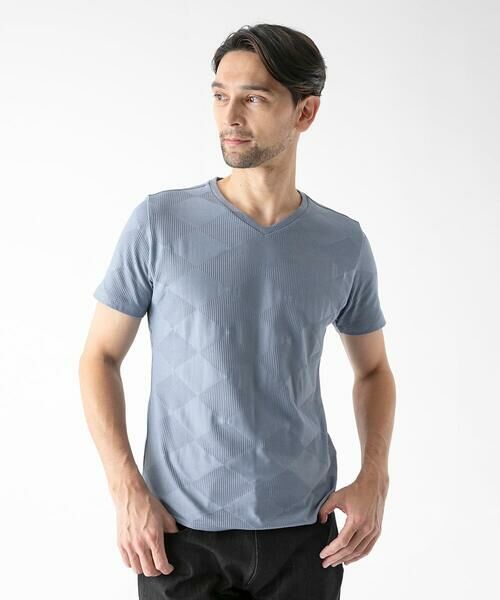 MICHEL KLEIN HOMME / ミッシェルクランオム カットソー | アーガイル柄Vネック半袖カットソー(ライトブルー)