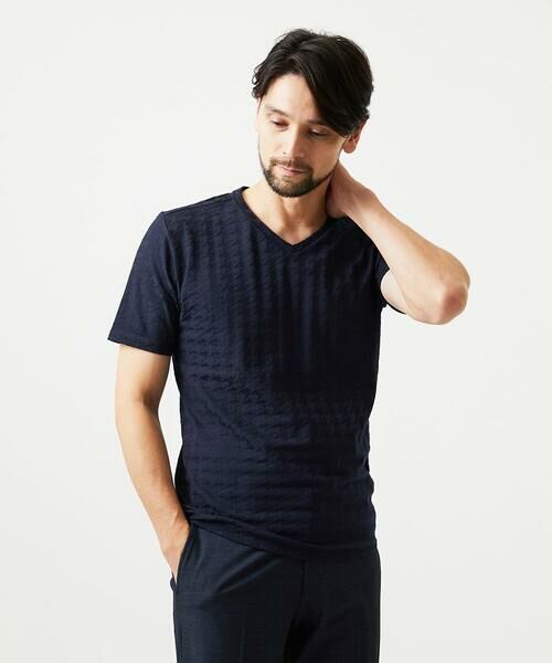 MICHEL KLEIN HOMME / ミッシェルクランオム カットソー | 《日本製》千鳥リンクスVネック半袖カットソー（ネイビー）