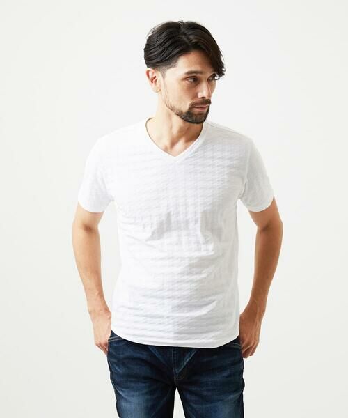 MICHEL KLEIN HOMME / ミッシェルクランオム カットソー | 《日本製》千鳥リンクスVネック半袖カットソー（ホワイト）