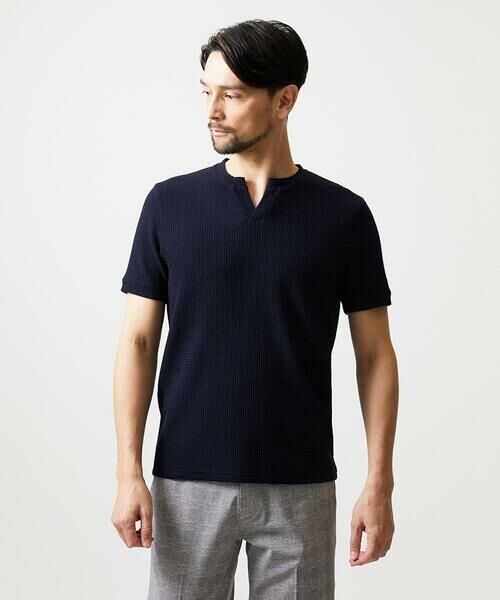 MICHEL KLEIN HOMME / ミッシェルクランオム カットソー | キーネックウェーブ半袖カットソー（ネイビー）