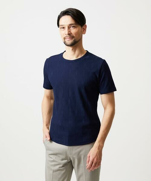 MICHEL KLEIN HOMME / ミッシェルクランオム カットソー | 《日本製》スモーク柄クルーネック半袖カットソー（ネイビー）