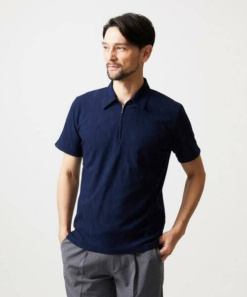 MICHEL KLEIN HOMME / ミッシェルクランオム カットソー | 《日本製》スモーク柄ハーフジップ半袖ポロシャツ（ネイビー）