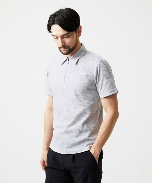 MICHEL KLEIN HOMME / ミッシェルクランオム カットソー | 《日本製》スモーク柄ハーフジップ半袖ポロシャツ（ライトグレー）
