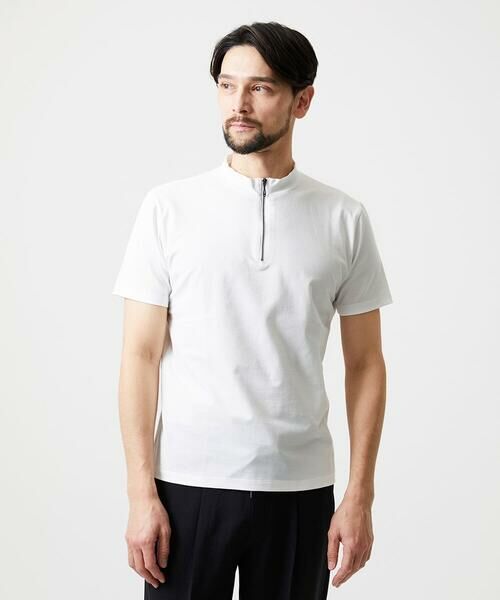 MICHEL KLEIN HOMME / ミッシェルクランオム カットソー | モックネックハーフジップ半袖カットソー（ホワイト）