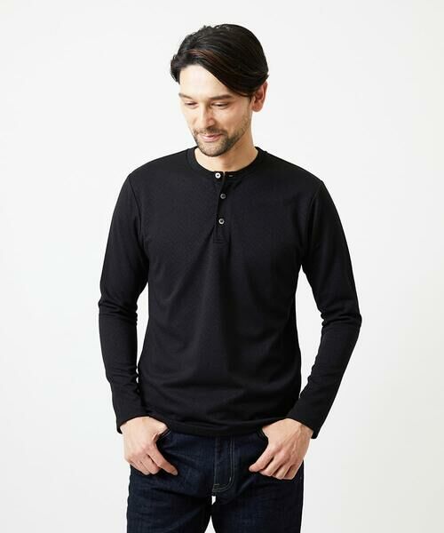 MICHEL KLEIN HOMME / ミッシェルクランオム カットソー | ジャガードヘンリーネック長袖カットソー(ブラック)