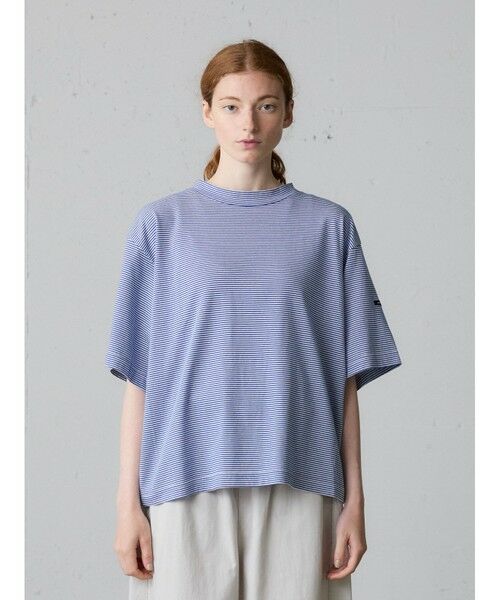 MidiUmi / ミディウミ Tシャツ | MidiUmi モックネックボーダーワイドTシャツ（オフホワイト×ブルー(color31)）