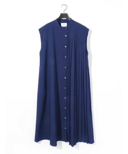 MIDIUMISOLID / ミディウミソリッド ミニ丈・ひざ丈ワンピース | MIDIUMISOLID for Ladies アシンメトリープリーツノースリーブワンピース(ネイビー(color77))