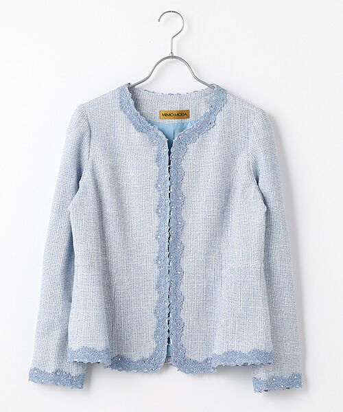 MIMO MODA/ミモモーダ 【日本製】【ラインストーン装飾】ノーカラー ジャケット ブルー 42 MIMO MODA/ミモモーダ 【日本製】【ラインストーン装飾】ノーカラー ジャケット ブルー 42