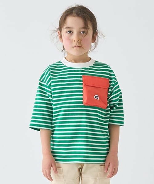 minimal / ミニマル Tシャツ | ボーダー配色ポケットビッグT（グリーン）