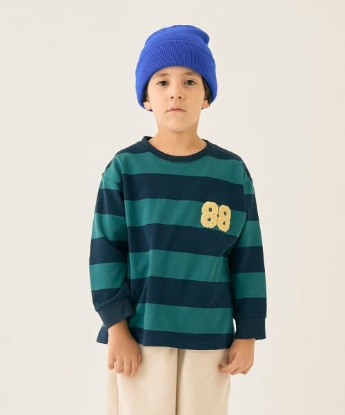 minimal / ミニマル Tシャツ | ボーダーサガラ刺しゅうロンT（グリーン）