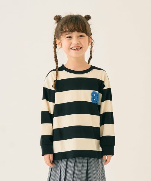 minimal / ミニマル Tシャツ | ボーダーサガラ刺しゅうロンT（黒）