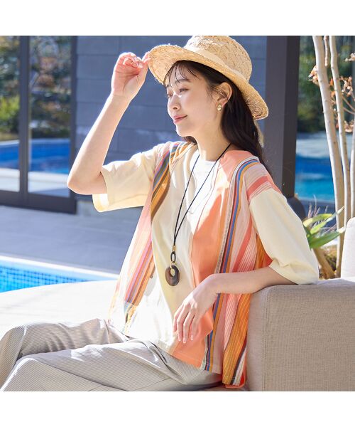 missel/ミゼール マルチストライプ ドッキングTシャツ オレンジ F missel/ミゼール マルチストライプ ドッキングTシャツ オレンジ F