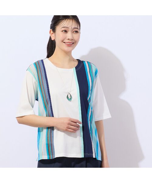 missel/ミゼール マルチストライプ ドッキングTシャツ ブルー F missel/ミゼール マルチストライプ ドッキングTシャツ ブルー F