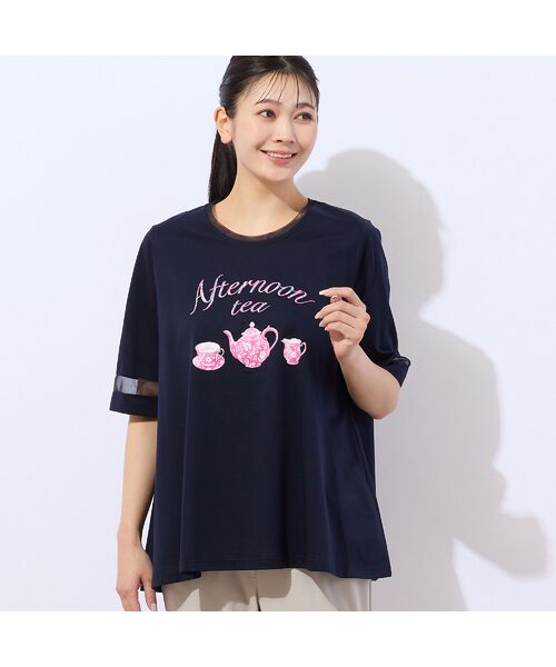 【洗える】ティーカップ柄 Aラインカットソー セール】 【洗える】ティーカップ柄 Aラインカットソー