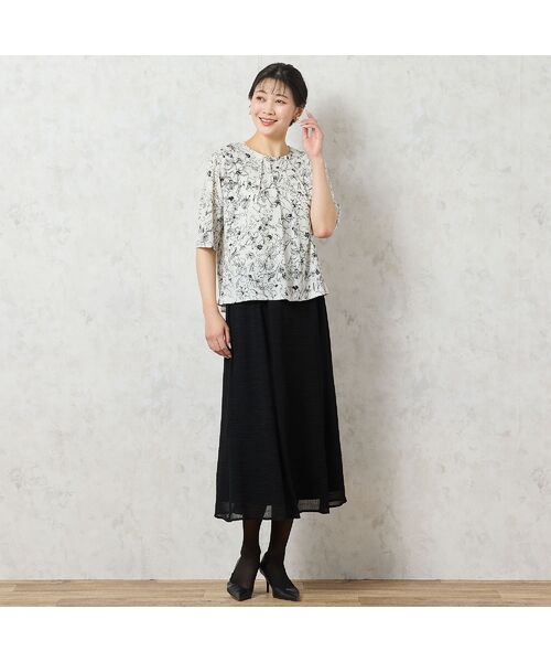【新品】定価17,380円　チュールフラワーデザインtシャツ　ブラック　F セール】 【洗える・日本製】モノトーンフラワーチュールTシャツ